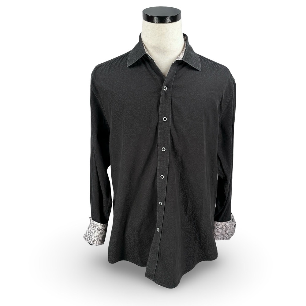 Robert Graham Black Paisley Jacquard Textured Shirt Large Flip Cuff Long Sleeve